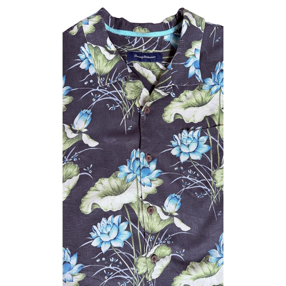 Tommy Bahama 2XB Silk Blend Floral Lotus Print Camp Shirt Charcoal Blue